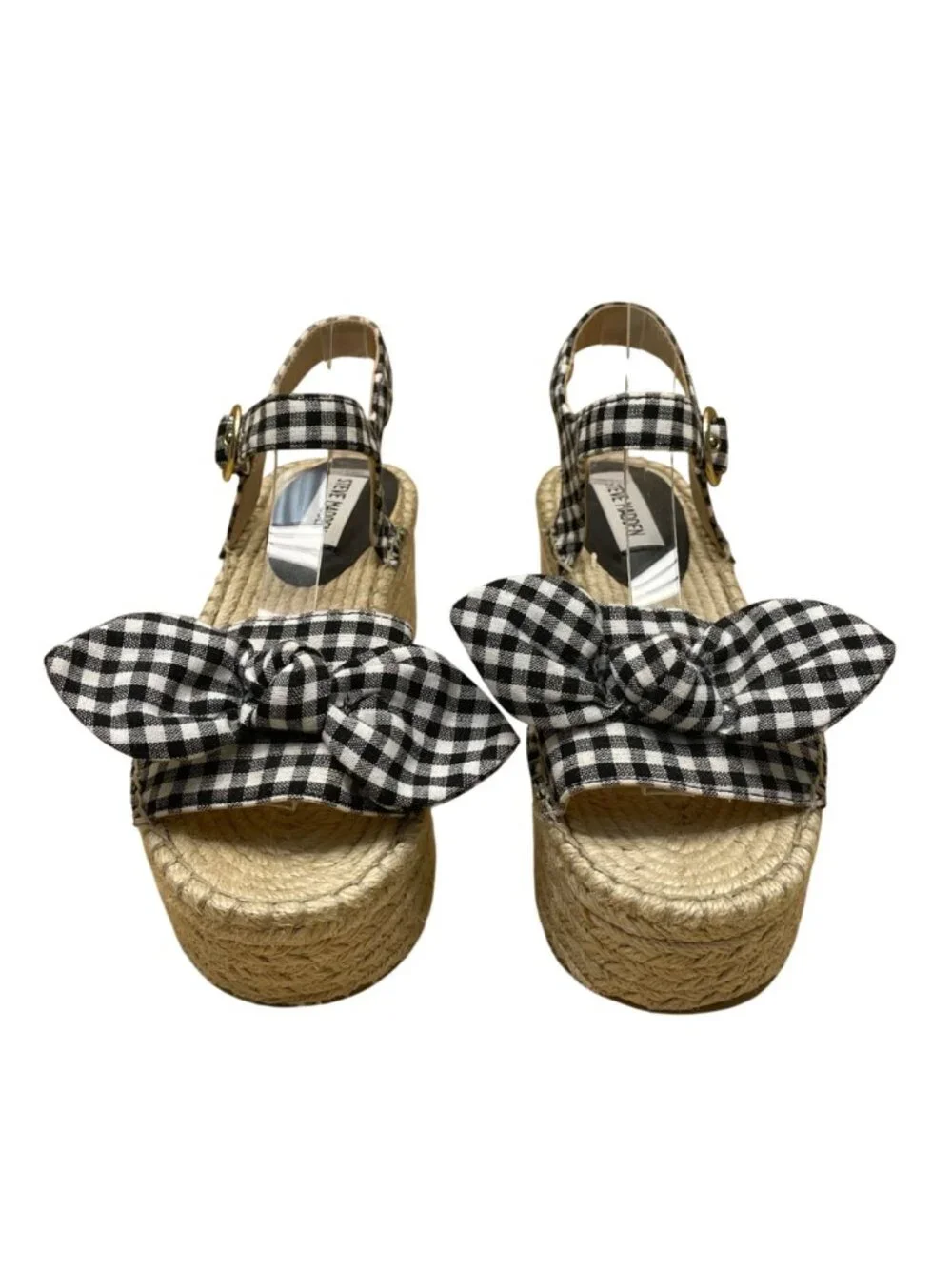 Steve Madden Women’s Black & White Gingham Bow Platform Espadrille Sandals Sz 7M